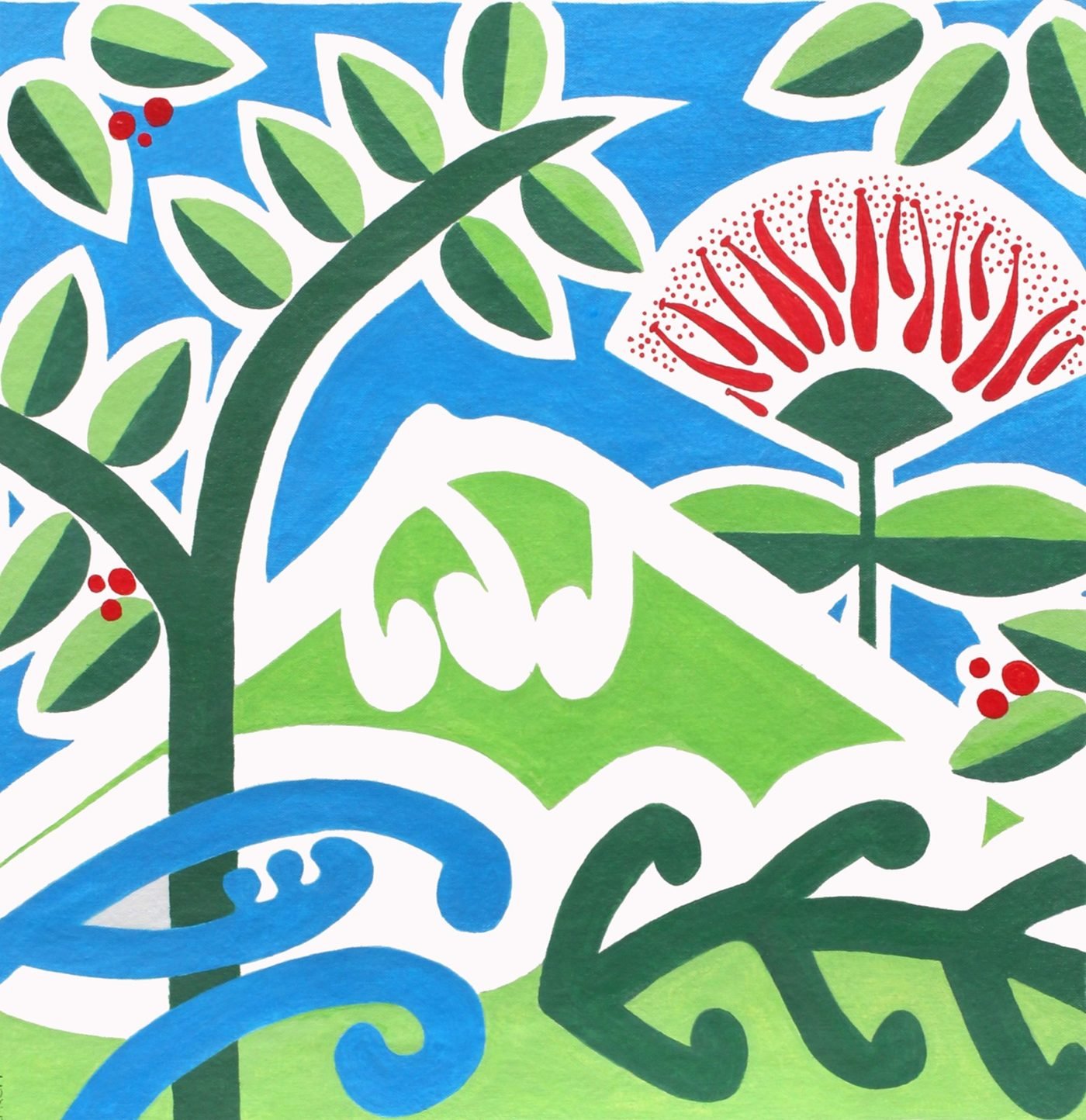 Parish artwork: pōhutukawa, fern koru, the maunga and the sea